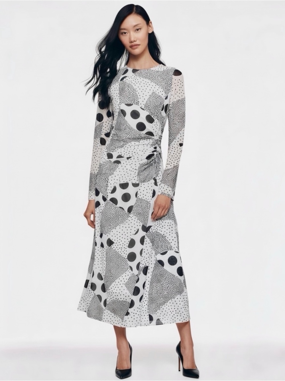 Anthropologie Women’s Black Polka Dot Long-Sleeve Ruched Mesh Midi Dress Medium